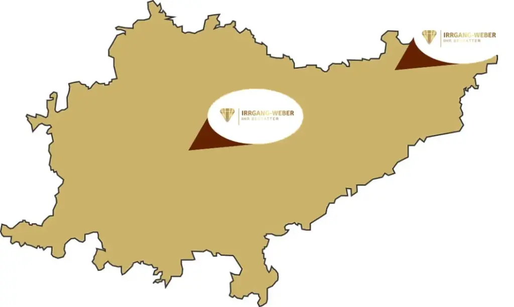 Grafische Karte mit markierten Standorten von Irrgang-Weber Bestattungen in Saalfeld und Neustadt/Orla.